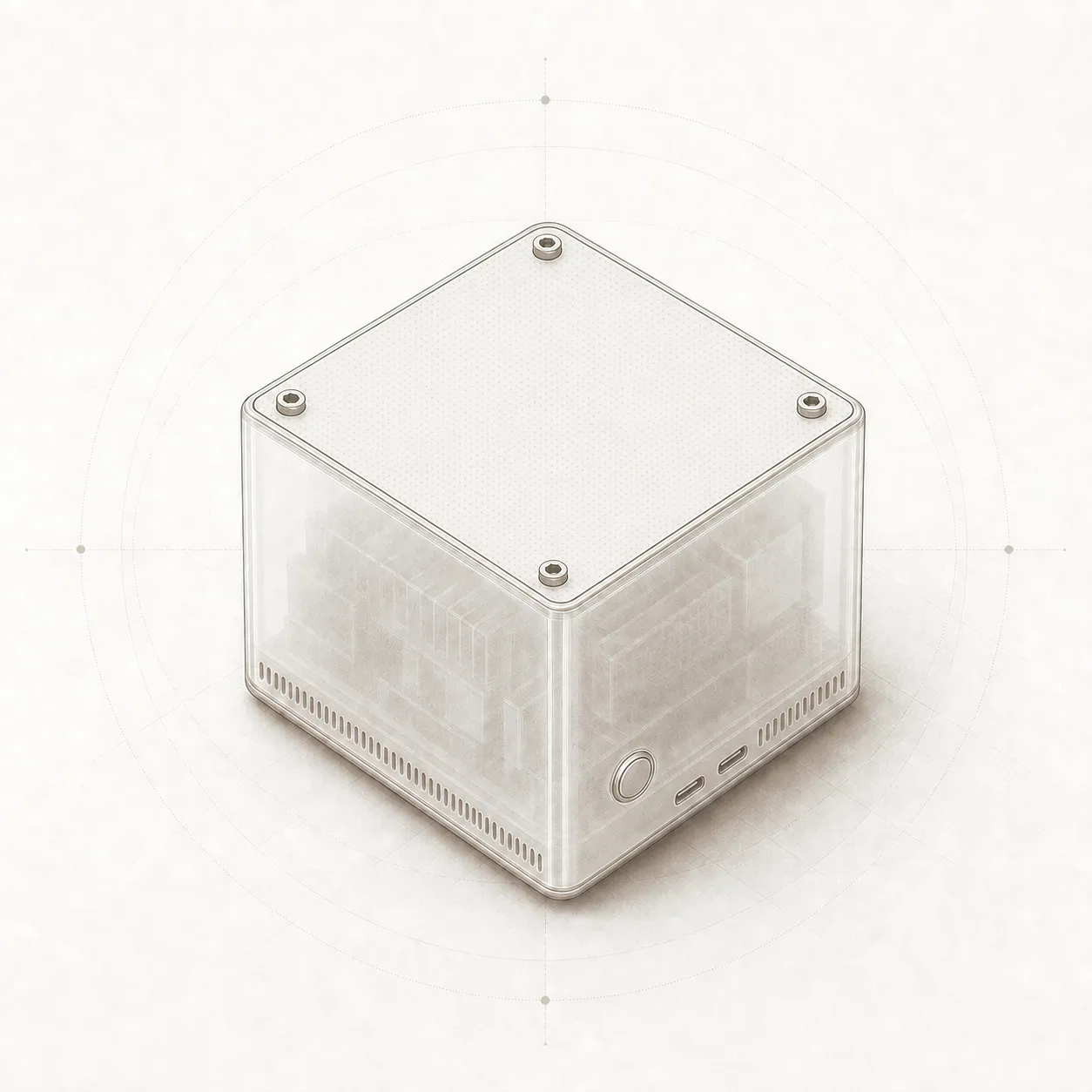 Kosha, a compact home server, shown as an exploded specimen render.