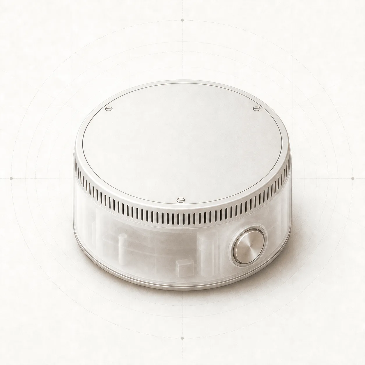 Vayu, an air quality monitor, shown as an exploded specimen render.